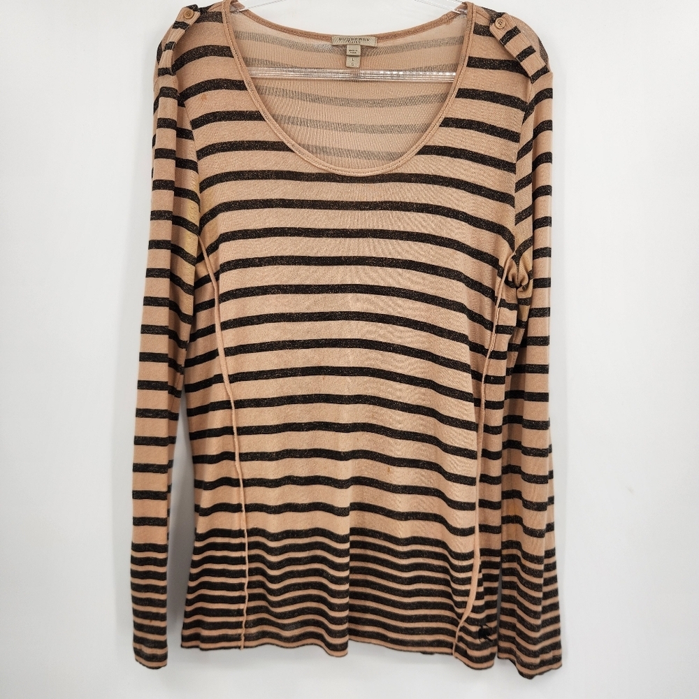 Burberry Brit Long Sleeve Striped Knit Top Womens Size Large Tan Black - Picture 2 of 9